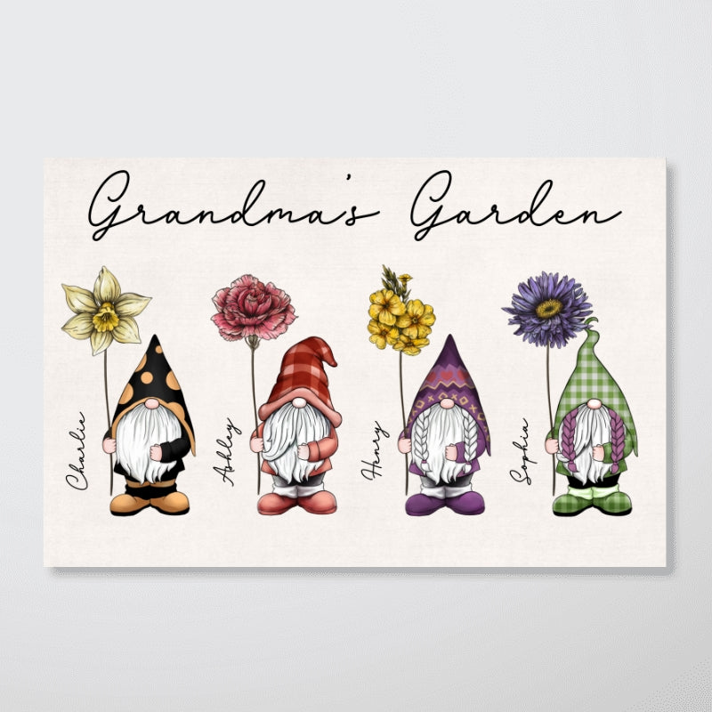 Grandma¡®s Garden Beautiful Vintage Birth Flowers Cute Custom Gnomes Personalized Horizontal Poster