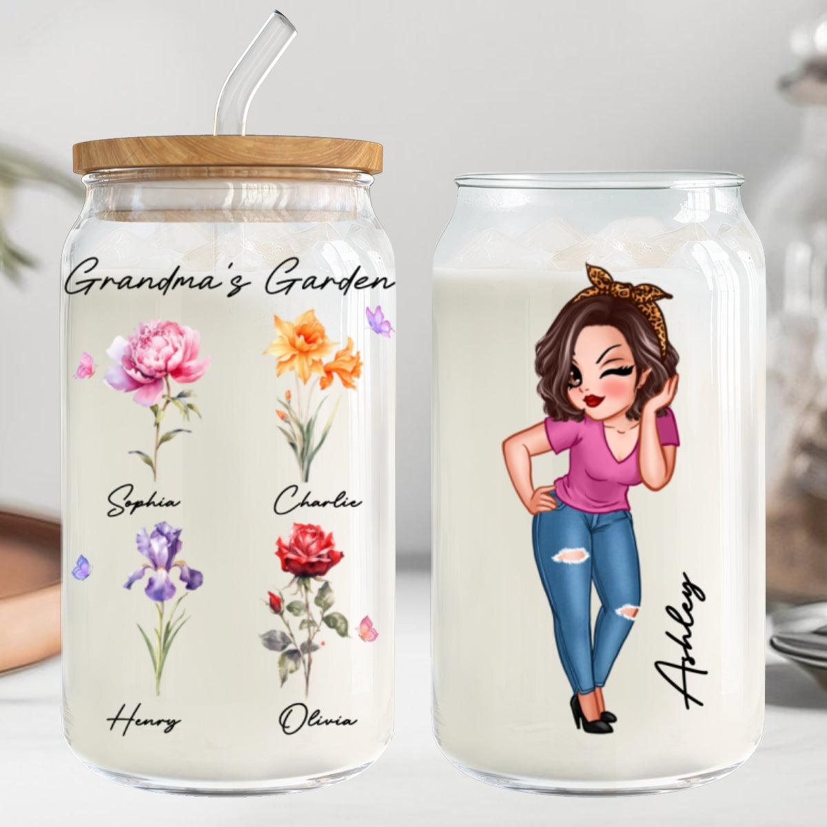 Grandma¡®s Garden Beautiful Birth Month Flowers Mother¡®s Day Birthday Gift For Grandma Mom Personalized Clear Glass Can