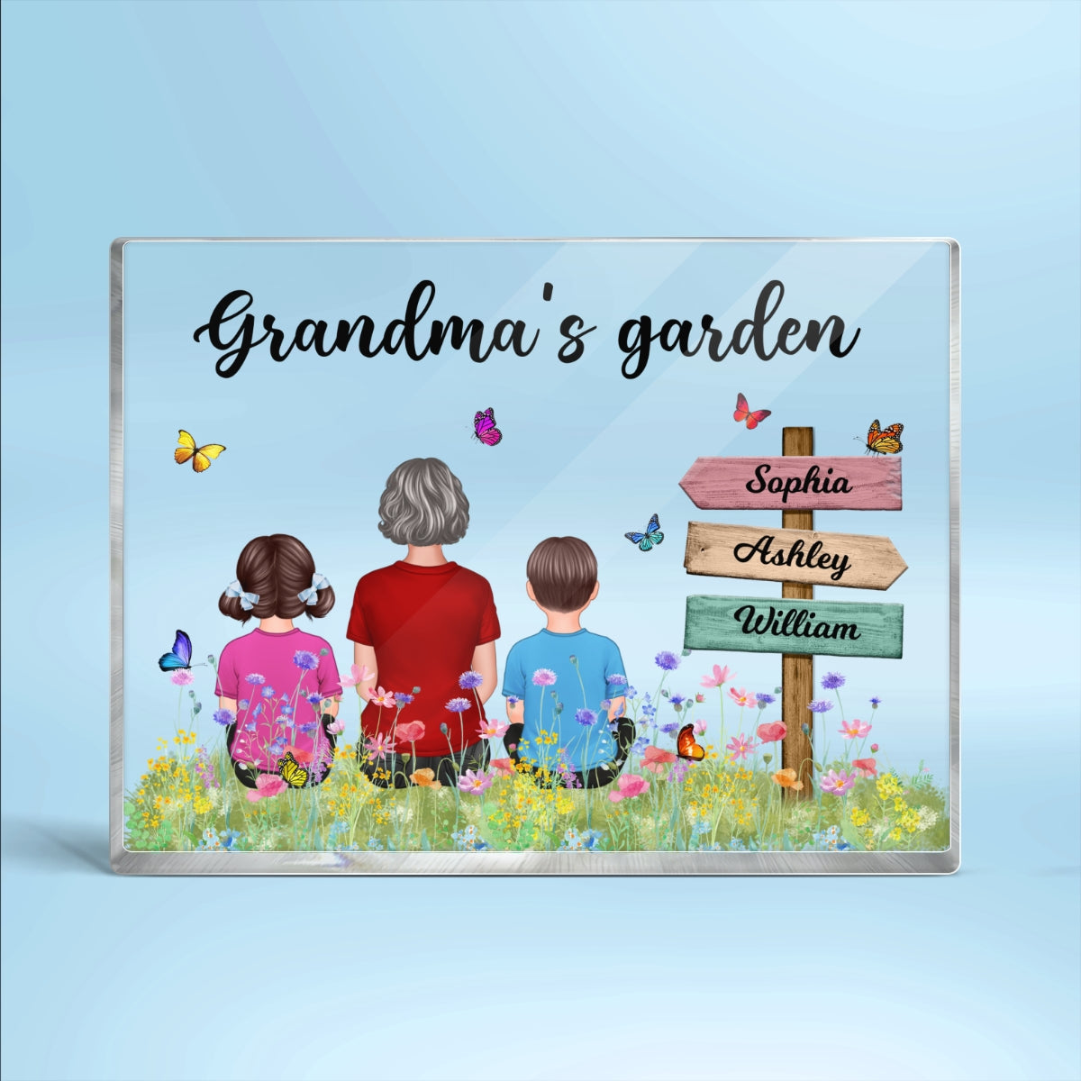 Grandma¡®s Garden Back View Woman & Kids Names On Sign Personalized Horizontal Rectangle Acrylic Plaque