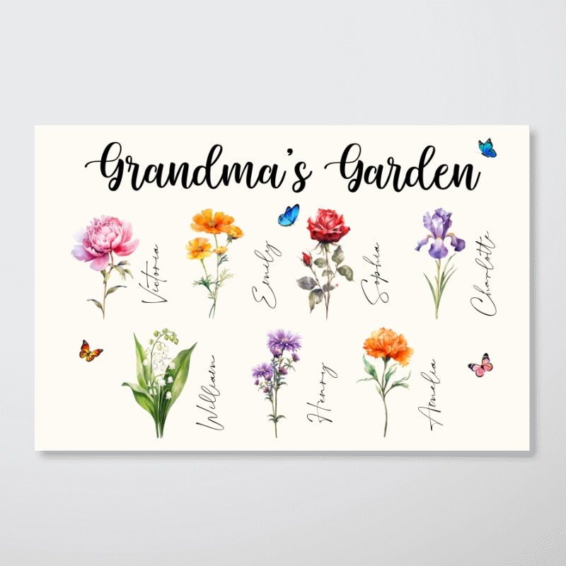 Grandma¡®s Garden Beautiful Birth Month Flower With Names Personalized Horizontal Poster