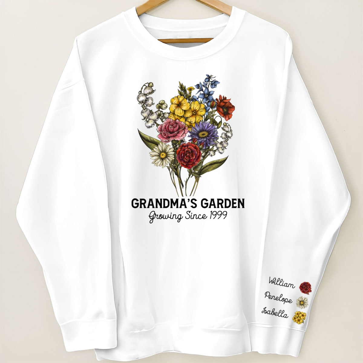 Grandma¡®s Garden Beautiful Vintage Birth Month Flowers Bouquet Personalized Sleeve Printed Sweatshirt