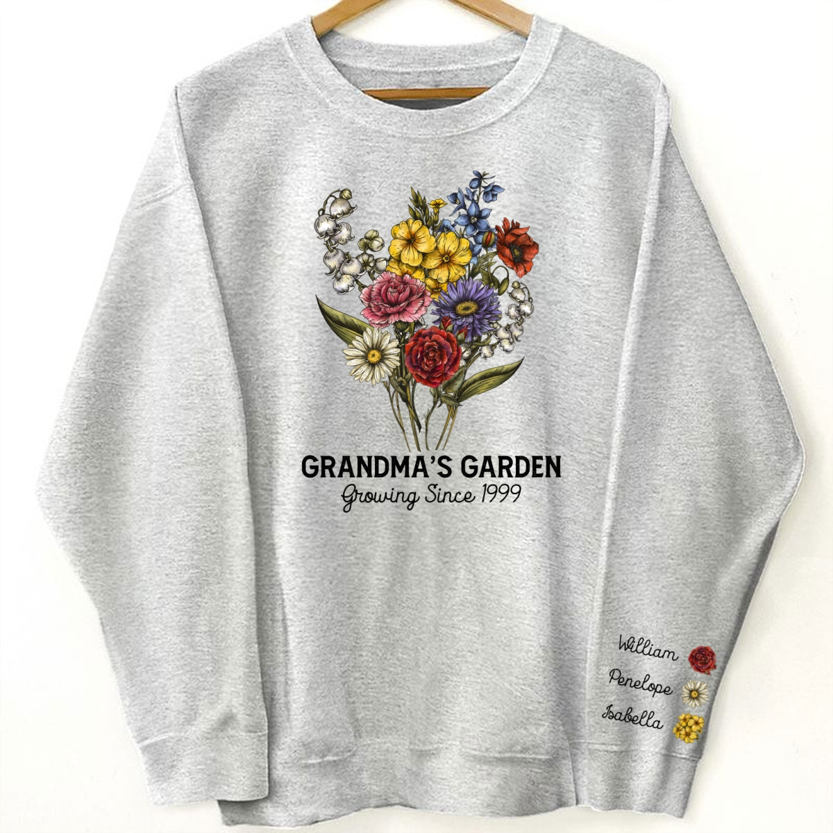 Grandma¡®s Garden Beautiful Vintage Birth Month Flowers Bouquet Personalized Sleeve Printed Sweatshirt