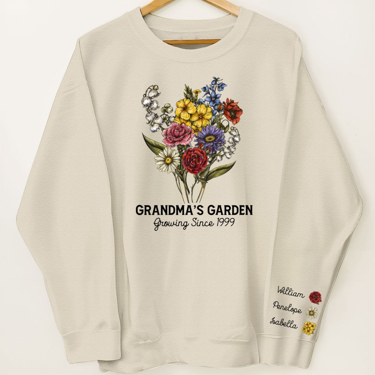 Grandma¡®s Garden Beautiful Vintage Birth Month Flowers Bouquet Personalized Sleeve Printed Sweatshirt