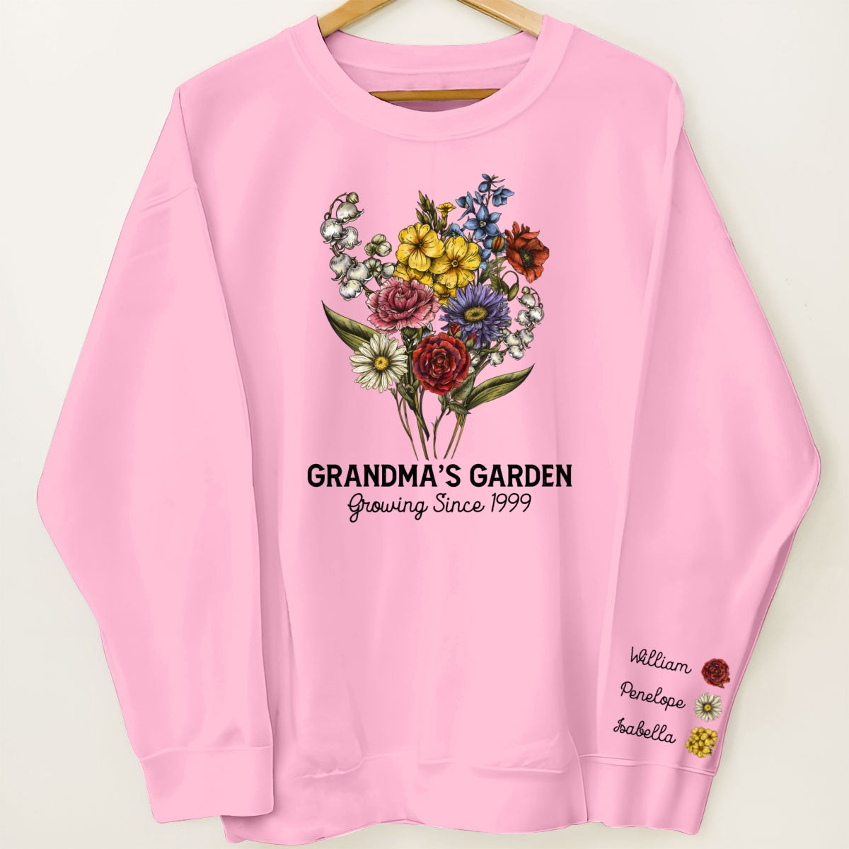 Grandma¡®s Garden Beautiful Vintage Birth Month Flowers Bouquet Personalized Sleeve Printed Sweatshirt