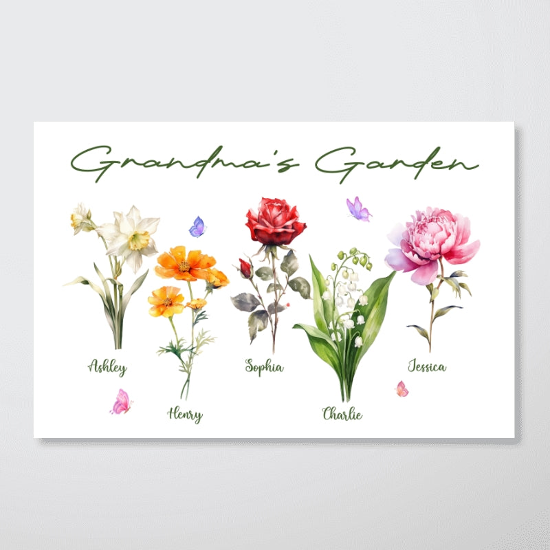 Grandma¡®s Garden Beautiful Birth Month Flower Gift For Grandma Mom Personalized Horizontal Poster